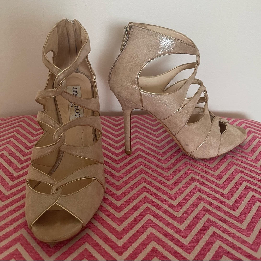 Jimmy Choo suede beige - gold cage heels, sandals size 37.5 7.5